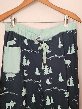 Women's Moose Print Pajama Pants With Pocket - Cute Cozy Mint On Navy